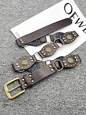 cheap Women&#039;s Belt-Women&#039;s Bohemian Western cowboy style belt with antique brass flower buckle, Adjustable tightness, Suitable for retro fashion, Casual or festival wear