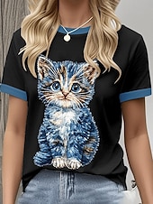 economico Maglietta Animali-Per donna Maglietta Grafico Animale Gatto Vintage Elegante Classico Manica Corta Girocollo Top Regolari Quotidiano Weekend Stampato Nero Bianco Blu Grigio Estate Primavera