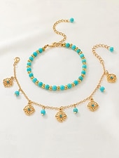 abordables Pulsera de mujer-Tobillera con cuentas turquesas para mujer y dijes chapados en oro: joyería bohemia de playa para vacaciones de verano y festivales.