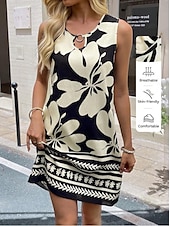 abordables Robes Boho-Femmes Mini Robe Robe d&#039;Été Vacances Boho Sortir Plage Coupe Standard Fleuri Graphique Paisley Sans manches Col Rond Noir Vert Été Printemps