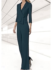 abordables Costumes-pantalons pour maman-Ensemble pantalon 2 pièces mère de la mariée invité de mariage élégant encolure en V longueur de sol chiffon extensible manches 3/4 wrap inclus avec boutons 2025 taille personnalisée gratuite
