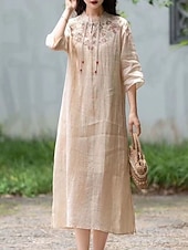 ieftine Rochii-Pentru femei Rochii Midi Rochie din in bumbac Rochie florala Modă Modern Vacanță Zilnic Concediu Fit regulat Floare Manșon Jumate Guler de stand Roz Îmbujorat Albastru piscină Trifoi Caisă Vară