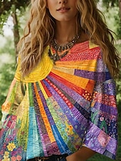 halpa Naisten Raidalliset &amp; Geometriset Puserot-Womens Pusero Pitkä Hiha Ombre Graffiti Geometrinen Bohemia Päivittäinen Etninen 3/4 Pitkät Hiha Pyöreä Kaula Baot Kaula Säännölliset Puserot Päivittäiset Lomavaatteet Printti Sininen Violetin