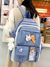 tanie Plecaki dla dzieci i nastolatków-damski 6-częściowy uroczy plecak kawaii z przezroczystymi kieszeniami z przodu, przypinkami z kreskówek i pluszowymi zawieszkami, lekka nylonowa torba szkolna dla nastoletnich dziewcząt, do codziennego użytku na uczelnię