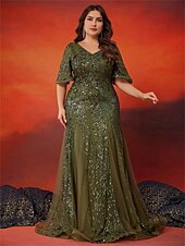 Χαμηλού Κόστους ΠΡΑΣΙΝΟ-Φόρεμα A-Line Plus Size Elegant Dress Επίσημο Γάμου Μήκος Δαπέδου Κοντό Μανίκι V Λαιμό Σατέν με Sequins