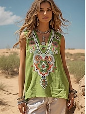 ieftine Top tip boho-Pentru femei Camisole Tank Top Floral Grafic Boemia Epocă Zilnic Fără manșon În V Topuri obișnuite Zilnic Concediu Ieșire Trifoi Vară Primăvară