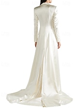 preiswerte Bodenlänge-Blazer Kleid A-Linie Brautmutterkleid Smokingkleid Elegant Einfach Luxuriös V-Ausschnitt Mit Revers Bodenlang Satin Langarm mit Falten