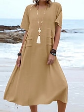 preiswerte Kleider aus Baumwolle und Leinen entwerfen-Damen Midikleid Baumwoll-Leinen-Kleider Freizeitkleid Sommerkleid Klassisch Modern Täglich Wochenende Normale Passform Einfach Kurzarm Rundhalsausschnitt Schwarz Gelb Rosa Königsblau Sommer