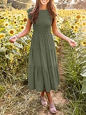abordables Robes de Diplôme-Femmes Robe Midi Robe Blanche Robe de remise des diplômes Mode Anniversaire Date Fête du thé Coupe régulière Uni Sans manches Col ras du cou Noir Blanche Vert Claire Vert Véronèse Été