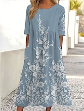 ieftine rochie florală-Pentru femei Rochii Midi Rochie A line Rochie de vară Vacanță Casual Zilnic Concediu Potrivire Largă Floral Grafic Manșon Jumate Stil Nautic Albastru celest Albastru păun Vară