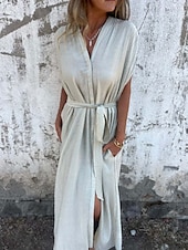 abordables concevoir des robes en coton et lin-Femmes Robe Longue Maxi Robe Robes en coton et lin Robe Décontractée Robe d&#039;été Mode Basique Moderne Quotidien Week-end Coupe régulière Uni Manche Courte Col en V Blanche Chameau Été