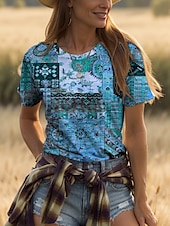 abordables T-shirt Boho-Femmes T-shirt Fleuri Graphique Géométrique ancien Élégant Classique Manche Courte Col ras du cou Col rond Hauts Réguliers Quotidien Week-end Imprimé Jaune Rose Claire Bleu Violet Vert Été Printemps