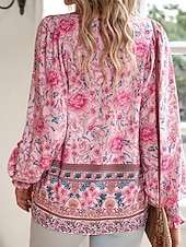 cheap Boho Tops-Women&#039;s Boho Shirt Blouse Flower Modern Boho Long Sleeve V Neck Regular Tops Daily Going out Print Yellow Pink Navy Blue Blue Orange Summer