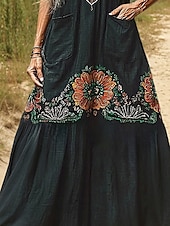 abordables Robes Bohémiennes-Femmes Robe Longue Maxi Robe Robe Décontractée Robe évasée Robe d&#039;été Robe bohème ancien Vacances Quotidien Fête Coupe régulière Fleuri Sans manches Col en V Vert foncé Été