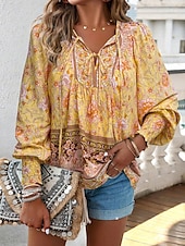 cheap Boho Tops-Women&#039;s Boho Shirt Blouse Flower Modern Boho Long Sleeve V Neck Regular Tops Daily Going out Print Yellow Pink Navy Blue Blue Orange Summer