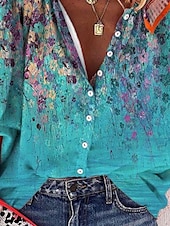 voordelige Bloemen tops-Dames Blouse Ombre Bloemig Grafisch Bohemen Dagelijks Casual 3/4 mouw Hoge nek Normale tops Knop Afdrukken Marineblauw Hemelsblauw Zomer Lente