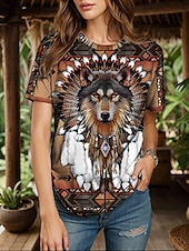 abordables T-shirt Boho-Femmes T-shirt Graphique Animal Géométrique ancien Élégant Classique Manche Courte Col ras du cou Col rond Hauts Réguliers Quotidien Week-end Imprimé Jaune Rouge Bleu Violet Vert Été Printemps