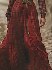 preiswerte Ausgefallene Kleider-Damen Langes Kleid Maxikleid Kariertes Kleid Freizeitkleid Schwingkleid Sommerkleid Vintage Urlaub Täglich Ferien Normale Passform Karomuster Langarm V Ausschnitt Wein Sommer