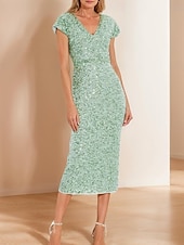 abordables Longueur du thé-Robe fourreau/colonne en dentelle à paillettes vert bleu pour mère de la mariée, élégante, simple et luxueuse, col en V, longueur thé, longueur midi, tulle, manches courtes, 2025