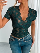 abordables Hauts en dentelle-Blouse en dentelle pour femmes tops à couleur unie élégant décontracté manches courtes col en V tops réguliers quotidiens patchwork en dentelle noir blanc vert été printemps