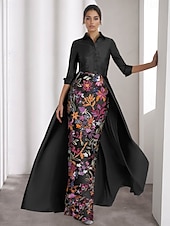 halpa MUSTA-Mustat solmuke a-linjainen iltapuku elegantti mekko muodollinen häävieras lattianpituinen pitkät hihat kauluspaita satiini halkio kirjonta applikaatiot