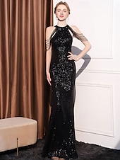 voordelige Grijs-Zeemeermin  Trompet Quinceañera Jurken Elegante Jurk Formele Bruiloft Vloerlengte Mouwloos Halter Nek Polyester met Pailletten