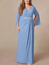 preiswerte Bodenlänge-A-Linie Brautmutterkleid Hochzeitsgast Elegant V Ausschnitt Bodenlang Chiffon Spitze Langarm mit Falten Perlenstickerei Raffung 2025
