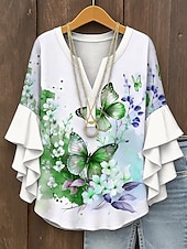 economico Top Floreali-Blusa da Donna con Maniche a Ruffle a Strati Grafica Floreale Farfalla Bohemia Vintage Tropicale Maniche a 3/4 Collo a V Maglietta Regolare Abbigliamento Estivo Primaverile per Vacanze Stampa Gialla