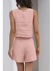 abordables Ensembles-Femmes Actif Basique Ensembles en coton et lin Sans manches Col carré Couleur Unie Décontracté Quotidien Noir Rose Claire Vert Véronèse Été Coupe régulière