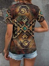 billige Boho t-skjorte-Dame T skjorte Grafisk Geometrisk Årgang Stilfull Klassisk Kortermet V-hals Vanlige topper Daglig Trykt mønster Rød Blå Lilla Oransje Grønn Sommer Vår
