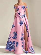 voordelige Roze-A-Lijn Avondjurk Bloemenprint Elegante Jurk Formele Avondfeest Vloerlengte Verwijderbare Eén Schouder Mouw en Bloemen met Plooien en Split Bruiloft Gast Jurk
