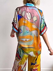 abordables Ensembles-Femmes Mode Streetwear Ensembles de Pantalons Demi Manches Col de chemise Graffiti Imprimé Tenue quotidienne Date Jaune Été Coupe régulière