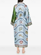 economico disegnare abiti in cotone e lino-Per donna Abito Lungo Maxi Abito Abiti in cotone e lino Vestito Casual Moda All&#039;aperto Feste Ferie Vestibilità regolare Animale Manica Lunga Colletto a Camicia Blu Estate