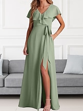 cheap Bridesmaid Dresses-A-Line Bridesmaid Dress V Neck Short Sleeve Elegant Floor Length Chiffon with Sash / Ribbon / Ruffles / Split Front