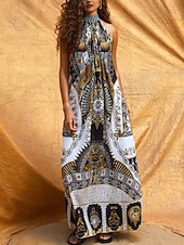 abordables Robes Bohémiennes-Femmes Robe Longue Maxi Robe Robe Décontractée Robe évasée Mode Extérieur Soirée Fête Coupe régulière Peinture Sans manches Col Halter Blanche Été