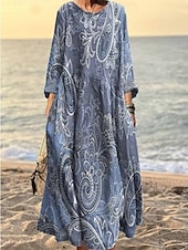 tanie Sukienki kwiatowe-Damskie Sukienka maxi Letnie sukienki Codzienny Codzienny Regularny Kwiaty Graficzny Geometryczny Długi rękaw Półgolf Rumiany róż Ciemnoróżowy Niebieski Zielony Lato