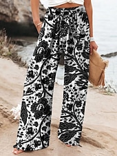 economico Pantaloni in cotone e lino con grafica-Per donna Pantaloni ispirati al lino Gamba larga Pantaloni Palazzo Moda Boho Lunghezza intera Vita Alta Fiore Elastico in vita Traspirante Confortevole Micro-elastico Streetwear Abbigliamento