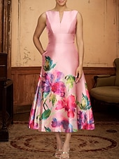 abordables Robes de cocktail-Robe Cocktail A-Line Élégante Robe Formelle Soirée Fête Longue Écourtée Sans Manches Décolleté en V Satin avec Imprimé Floral Robes Robe Invitée de Mariage