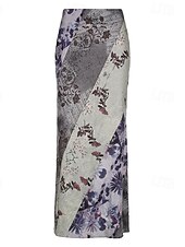 preiswerte Grafische Röcke-Damen Rock Gerade Mode Boho Maxi Mittlere Hüfthöhe Röcke Blumen Druck Mikroelastisch Straße Ausgehen Grau Sommer Polyester