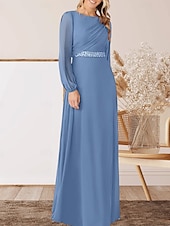 abordables Longueur du plancher-Robe A-Ligne pour Mère de la Mariée Invité de Mariage Élégante Col Arrondi Longueur Sol Chiffon Manches Longues avec Perles Ruché