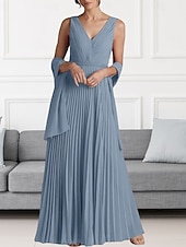 abordables Longueur du plancher-Ligne A Robe de Mère de Mariée  robe demoiselle d honneur Élégant Col en V Longueur au sol Chiffon Sans manches Echarpe incluse avec Perlage Fronces 2025