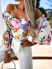 preiswerte Damen Grafik Tops-Damen Boho-Hemd Bluse Blume Modern Boho Langarm Schulterfrei Normale Oberteile Täglich Ausgehen Druck Erröten Sie Rosa Rosa Wein Rote Purpur Sommer