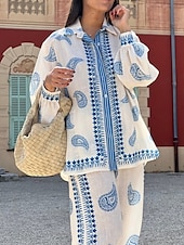 economico Set in cotone e lino-Per donna Moda Streetwear Camicie di cotone e lino Set di biancheria in cotone Set di Pantaloni Manica Lunga Colletto a Camicia Geometrico Stampato Abbigliamento quotidiano Data Beige Estate