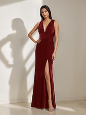 economico BLU-Abito in Velluto Sirena  Tromba Abito da Sera Galà Abito Formale Semi Formale Scollo Profondo Matrimonio Lunghezza Completa Senza Maniche Senza Spalline con Pieghe