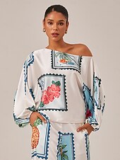 お買い得  ブラウス＆シャツ-女性用 女性 ブラウス フラワー 幾何学模様 果物 カジュアル 祝日 デイリーウェア パフスリーブ ホワイト ワンショルダー 長袖 エレガント 旅行度假风 カジュアル 普段着 ワンショルダー 夏 春 秋
