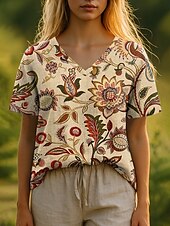 abordables T-shirt Boho-Femmes T-shirt Fleuri Graphique Plantes Bohème Élégant Occasionnel Manche Courte Col en V Hauts Réguliers Quotidien Imprimé Jaune Bleu Violet Vert Été Printemps