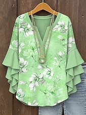 baratos Tops Florais-Blusa Feminina Topos com Mangas em Camadas de Babados Estampas Florais Gráficas Bohemia Vintage Diária Mangas 3/4 V Neck Regulares Topos de Uso Diário de Férias Imprimem Rosa Azul Roxo Verde Verão