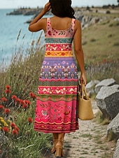 olcso Boho ruhák-Női Maxiruha A vonalú ruha Vállon kívüli ruha Szabadság Alkalmi Boho Parti Alkalmi Tengerpart Standard Grafika Törzsi Ujjatlan Szögletes Fekete Fehér Rubin Medence Nyár Tavasz