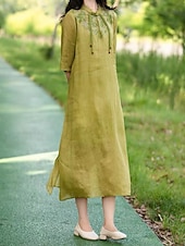 ieftine Rochii-Pentru femei Rochii Midi Rochie din in bumbac Rochie florala Modă Modern Vacanță Zilnic Concediu Fit regulat Floare Manșon Jumate Guler de stand Roz Îmbujorat Albastru piscină Trifoi Caisă Vară