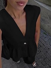 preiswerte Sets-Damen Aktiv Mode Baumwoll-Leinen-Hemden Bluse Hosen-Sets Ärmellos V Ausschnitt Einfarbig Dubbele Rij Knopen Urlaub Alltagstauglich Schwarz Rosa Leicht Blau Sommer Normale Passform